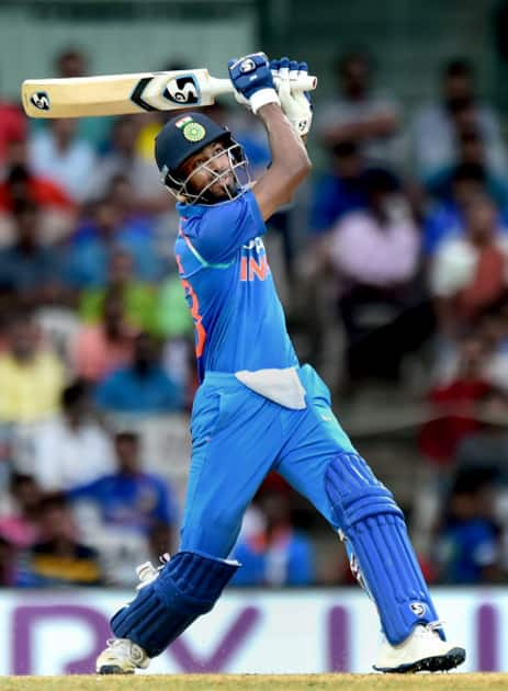 Hardik Pandya plays a shot during the first India-Australia ODI match