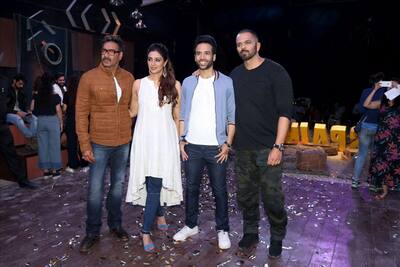 Actors Ajay Devgan, Tabu, Tusshar Kapoor and Director Rohit Shetty during the promotion of their upcoming film 