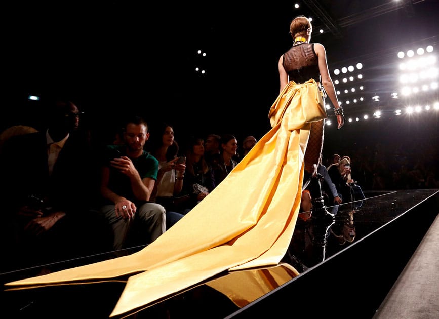 A model displays a creation from the Moschino Spring/Summer 2018 show at the Milan Fashion Week in Milan