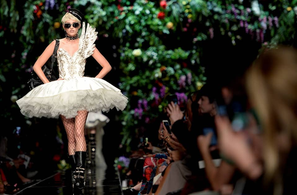 A model displays a creation from the Moschino Spring/Summer 2018 show at the Milan Fashion Week in Milan.