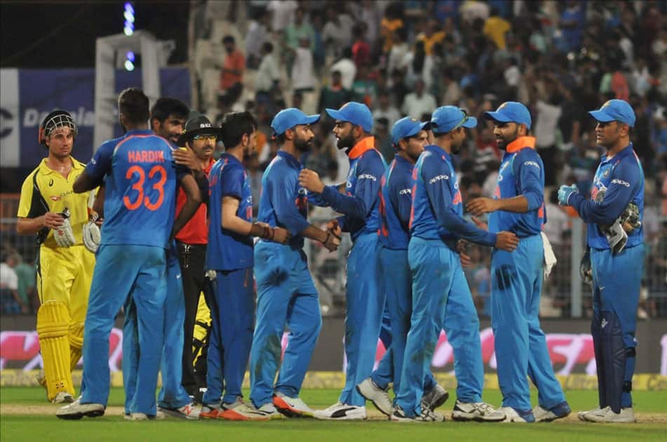 Indian cricketers celebrate after winning the second ODI cricket match against Australia at Eden Gardens in Kolkata Indian cricketers celebrate after winning the second ODI cricket match against Australia at Eden Gardens in Kolkata