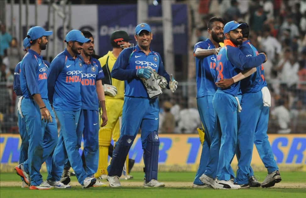 Indian cricketers celebrate after winning the second ODI cricket match against Australia at Eden Gardens in Kolkata. Indian cricketers celebrate after winning the second ODI cricket match against Australia at Eden Gardens in Kolkata.