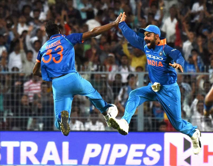 Indian skipper Virat Kohli celebrates fall of a wicket during the second ODI cricket match between India and Australia at Eden Gardens in Kolkata. Indian skipper Virat Kohli celebrates fall of a wicket during the second ODI cricket match between India and Australia at Eden Gardens in Kolkata.