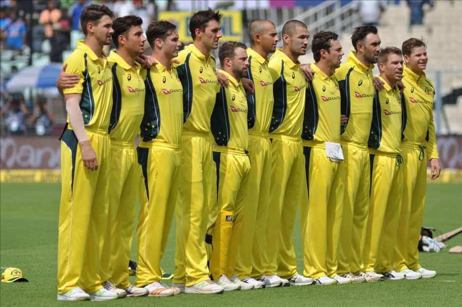 Australian players stand during the national anthem ahead of the second ODI cricket match between India and Australia at Eden Gardens in Kolkata. Australian players stand during the national anthem ahead of the second ODI cricket match between India and Australia at Eden Gardens in Kolkata.