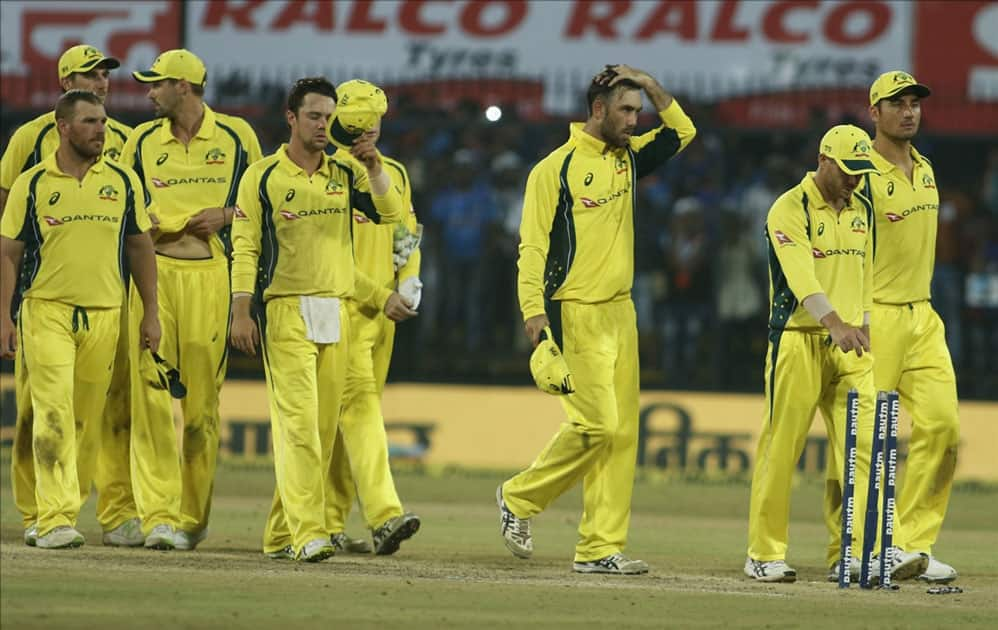 Australian cricketers during the third ODI cricket match between India and Australia at Holkar Cricket Stadium in Indore