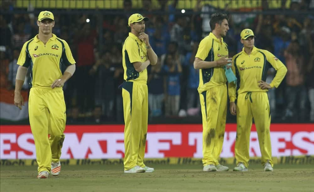 Australian cricketers during the third ODI cricket match between India and Australia at Holkar Cricket Stadium in Indore.