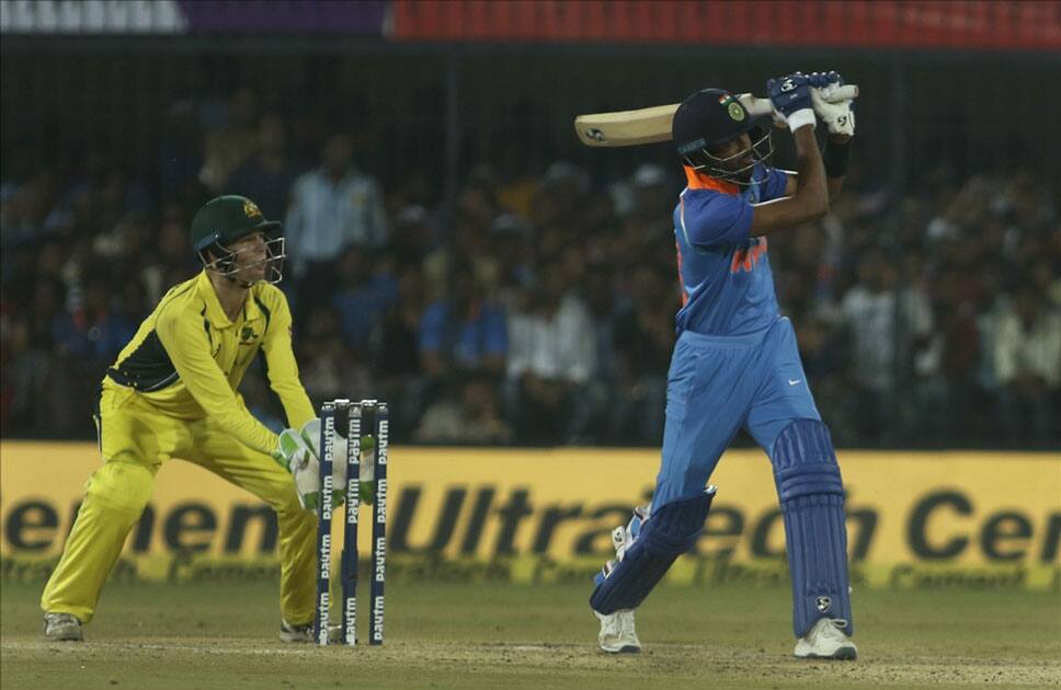 India's Hardik Pandya in action during the third ODI cricket match between India and Australia at Holkar Cricket Stadium in Indore