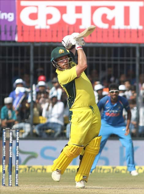 Australian cricketer Aaron Finch in action during the third ODI cricket match between India and Australia at Holkar Cricket Stadium in Indore