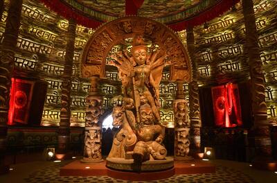 Decorations at the Chetla Agrani pandal ahead of Durga Puja in Kolkata.