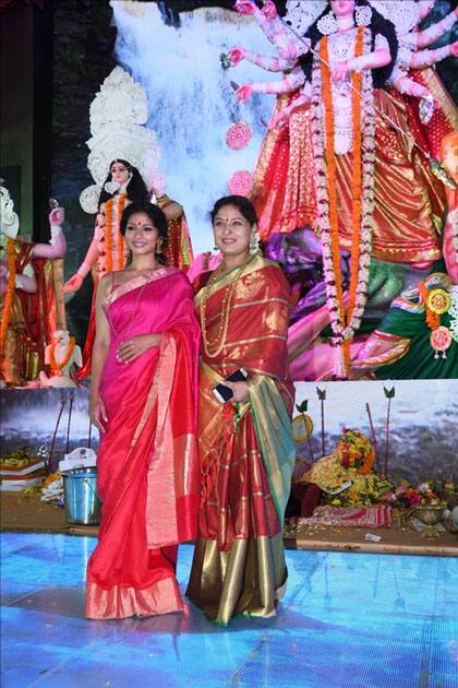 Actresses Tanisha Mukherjee and Sharbani Mukherjee during the celebration of Durga Ashtami in Mumbai.