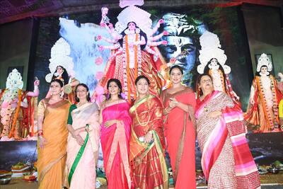 Actresses Kajol, Tanuja Mukherjee, Tanisha Mukherjee, Sharbani Mukherjee and Neetu Chandra during the celebration of Durga Ashtami in Mumbai.