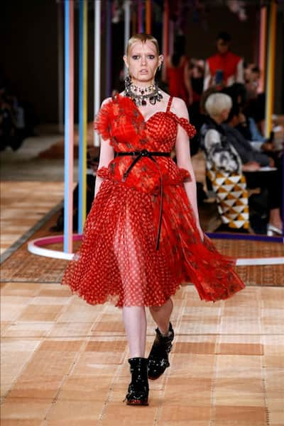 A model presents a creation of Alexander McQueen during the fashion week for 2018 spring/summer women's collection in Paris, France.