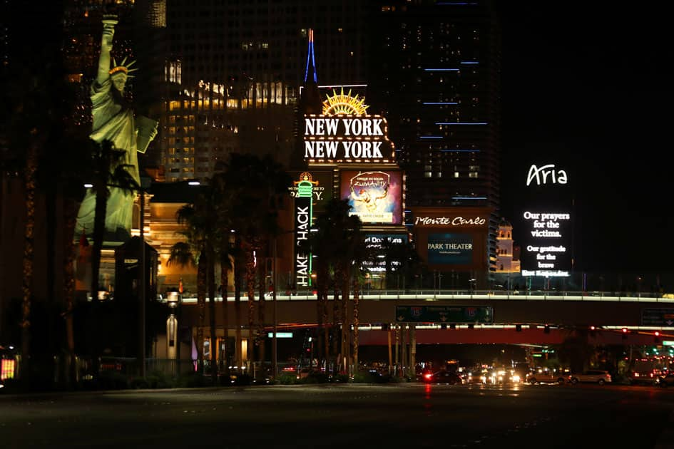 Las Vegas Boulevard lights-up with with signs for the victims and first responders after a mass shooing at the Route 91 Harvest Country Music Festival in Las Vegas.