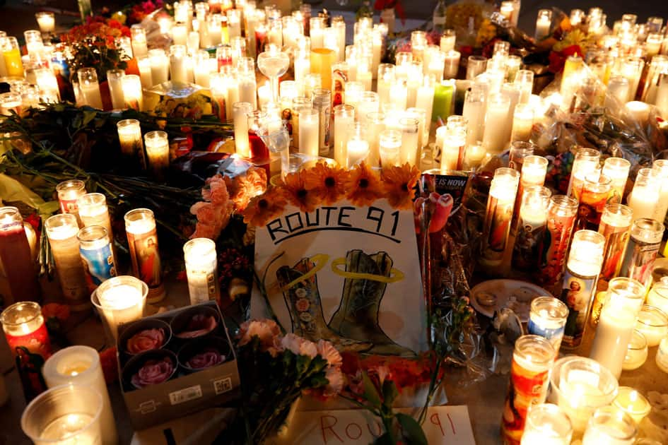 A candlelight vigil is pictured on the Las Vegas strip following a mass shooting at the Route 91 Harvest Country Music Festival in Las Vegas.