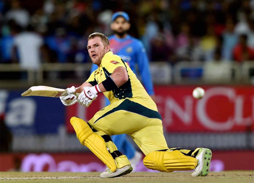 Australian batsman Aaron Finch plays a shot during the 1st T20 cricket match between India and Australia in Ranchi.