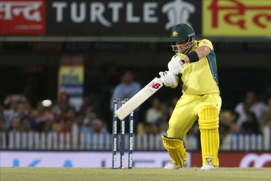 Aron Finch of Australia in action during the first T20 match between India and Australia at JSCA International Stadium in Ranchi.