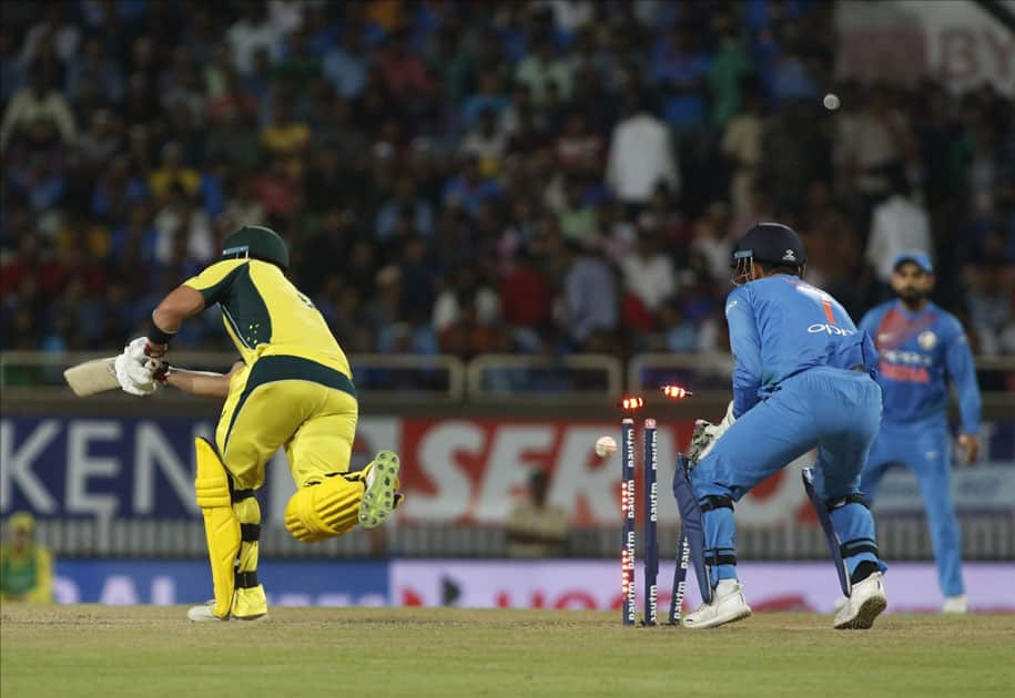 Aron Finch of Australia in action during the first T20 match between India and Australia at JSCA International Stadium in Ranchi.