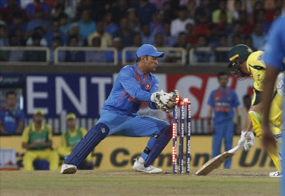 Daniel Christian of Australia gets dismissed during the first T20 match between India and Australia at JSCA International Stadium in Ranchi.