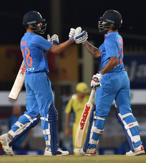 Indian batsman V.Kohli and S.Dhawan during the 1st T20 cricket match between India and Australia in Ranchi.