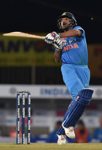 Indian batsman S.Dhawan plays a shot during the 1st T20 cricket match between India and Australia in Ranchi.