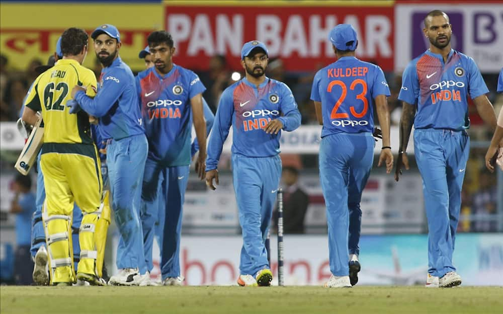 Indian players after Australia won the second T20 match between India and Australia at Barsapara Cricket Stadium in Guwahati.