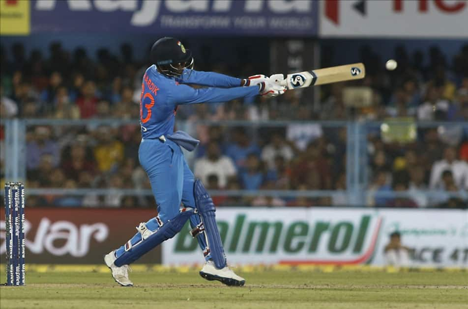 Hardik Pandya in action during the second T20 match between India and Australia at Barsapara Cricket Stadium in Guwahati.