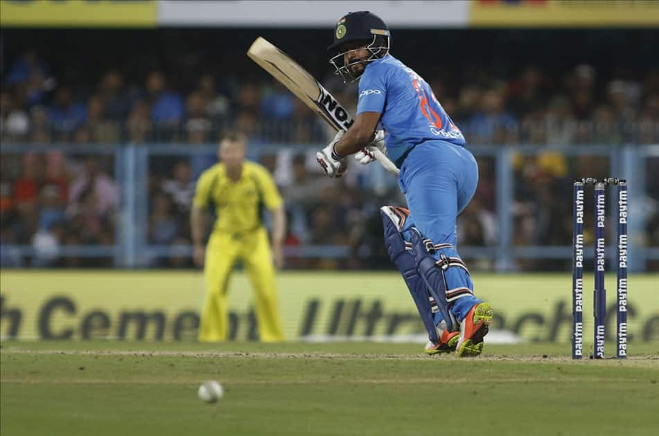 Indian batsman Kedhar Jadhav in action during the second T20 match between India and Australia at Barsapara Cricket Stadium in Guwahati.