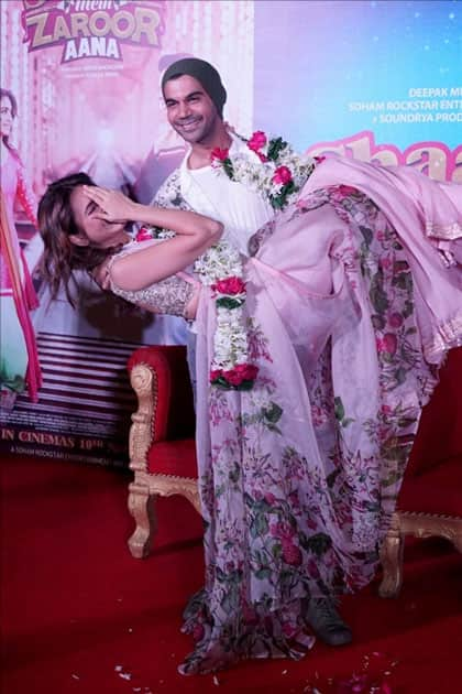 Actors Kriti Kharbanda and Rajkummar Rao during the trailer launch of their upcoming film 