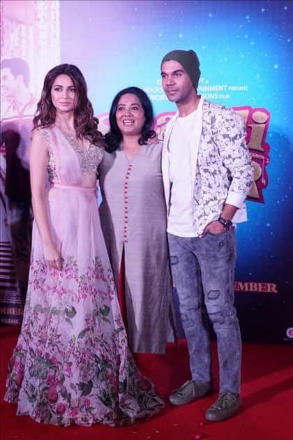 Actors Kriti Kharbanda, Rajkummar Rao and Director Ratnaa Sinha during the trailer launch of their upcoming film 