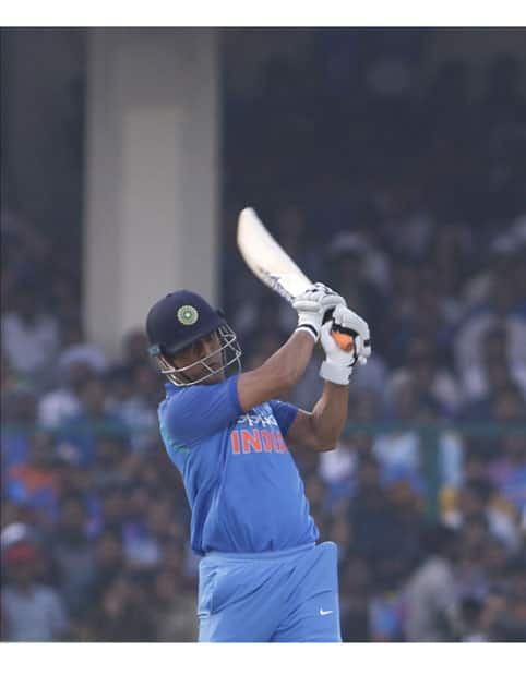 MS Dhoni of India in action during the third ODI match between India and New Zealand at Green Park Stadium in Kanpur.