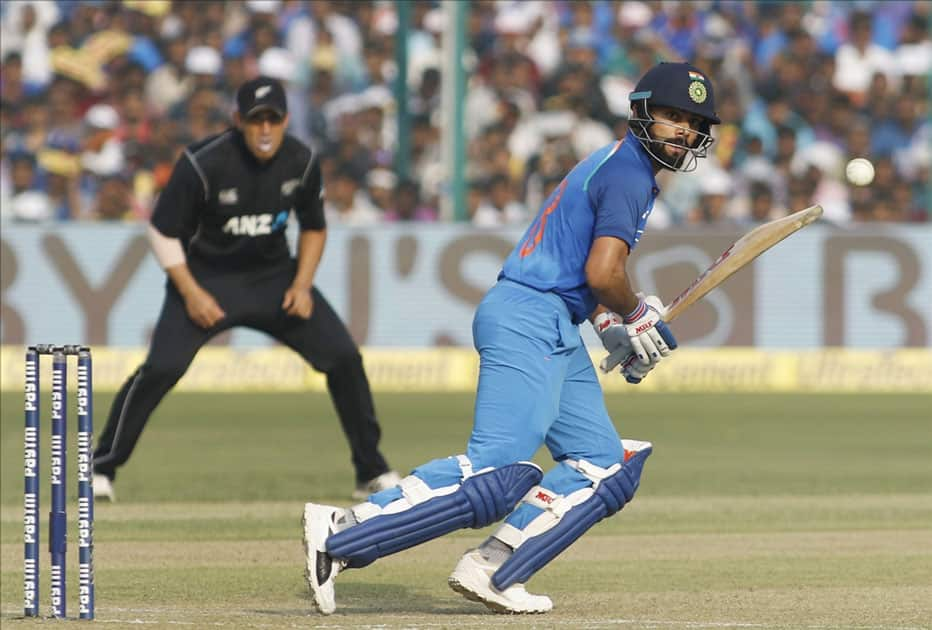 Indian captain Virat Kohli in action during the third ODI match between India and New Zealand at Green Park Stadium in Kanpur.