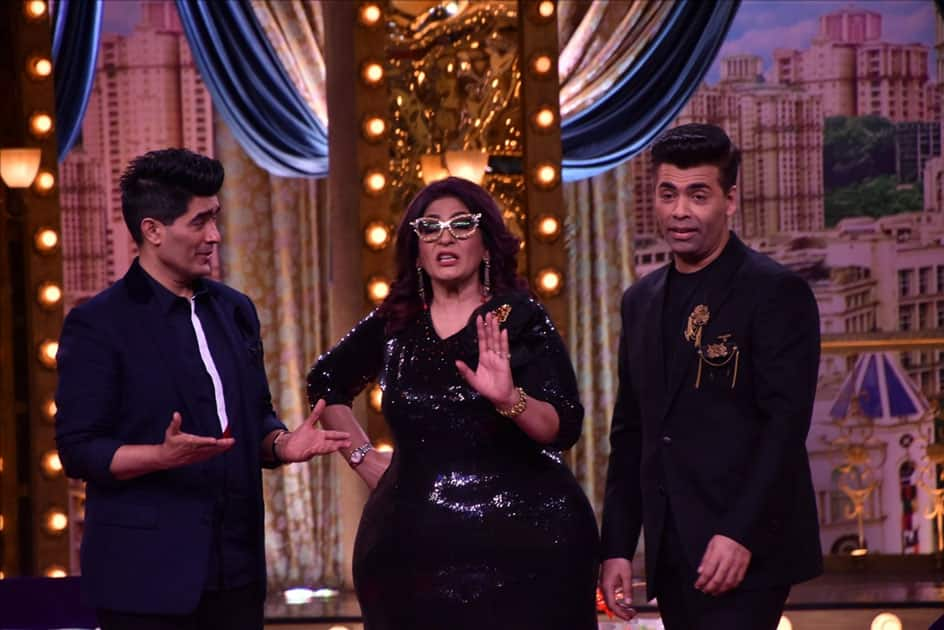 Fashion Designer Manish Malhotra, actress Archana Puran Singh and Director Karan Johar on the sets of live game show 