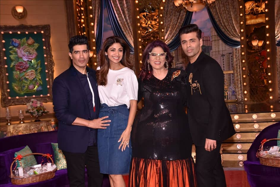 Fashion Designer Manish Malhotra, actresses Archana Puran Singh, Shilpa Shetty Kundra and director Karan Johar on the sets of live game show 