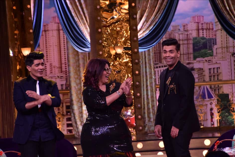 Fashion Designer Manish Malhotra, actress Archana Puran Singh and Director Karan Johar on the sets of live game show 