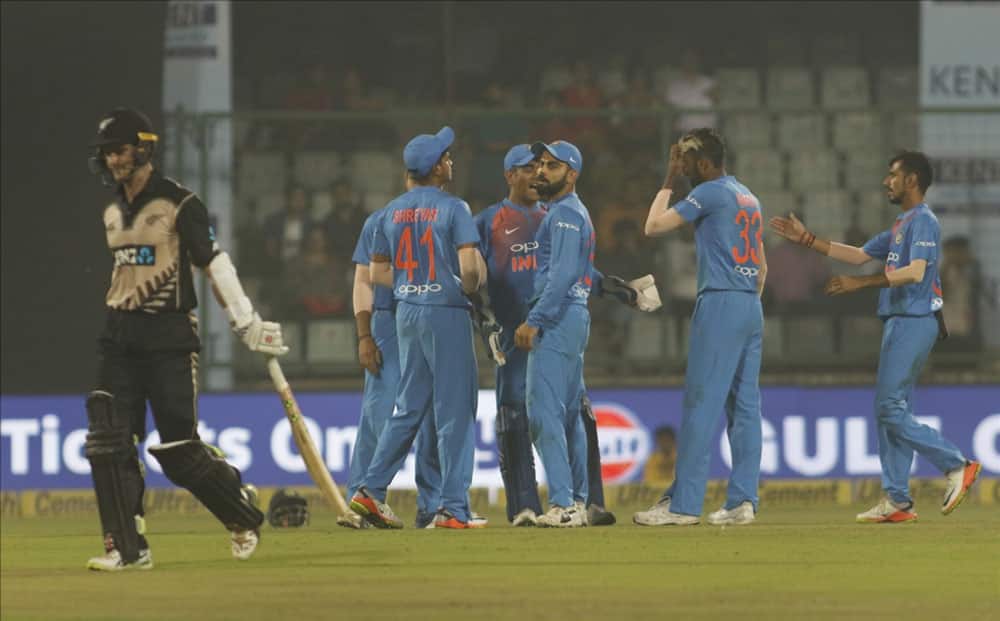 Hardik Pandya of India celebrates fall of Kane Williamson's wicket during the first T20 match between India and New Zealand at Feroz Shah Kotla stadium in New Delhi.