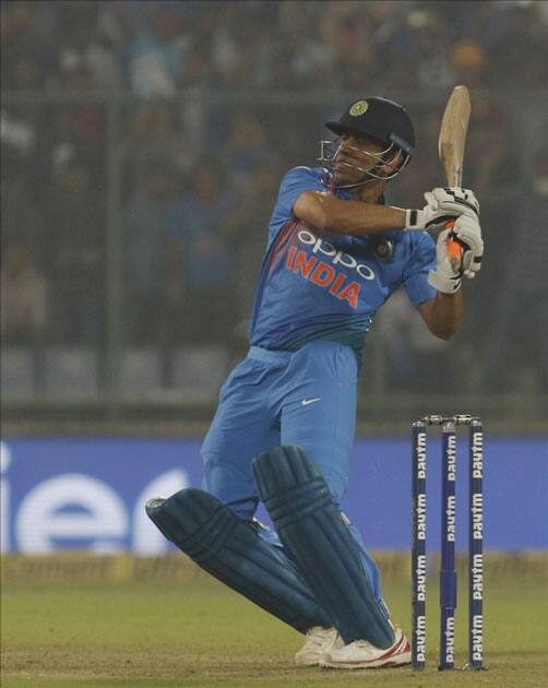 MS Dhoni of India in action during the first T20 match between India and New Zealand at Feroz Shah Kotla stadium in New Delhi.