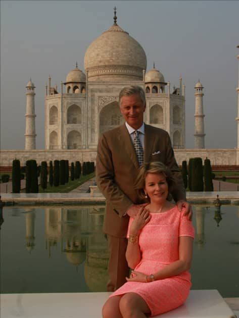 Belgian Royal couple King Philippe and Queen Mathilde pose in front of Taj Mahal in Agra.