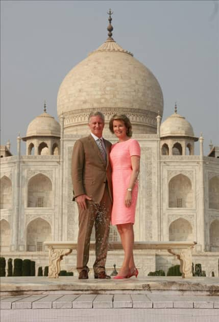 Belgian Royal couple King Philippe and Queen Mathilde pose in front of Taj Mahal in Agra.