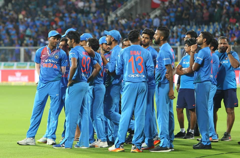 Team India after winning the T20I series 2-1 during post match presentation ceremony after winning the third and final T20 International match against New Zealand