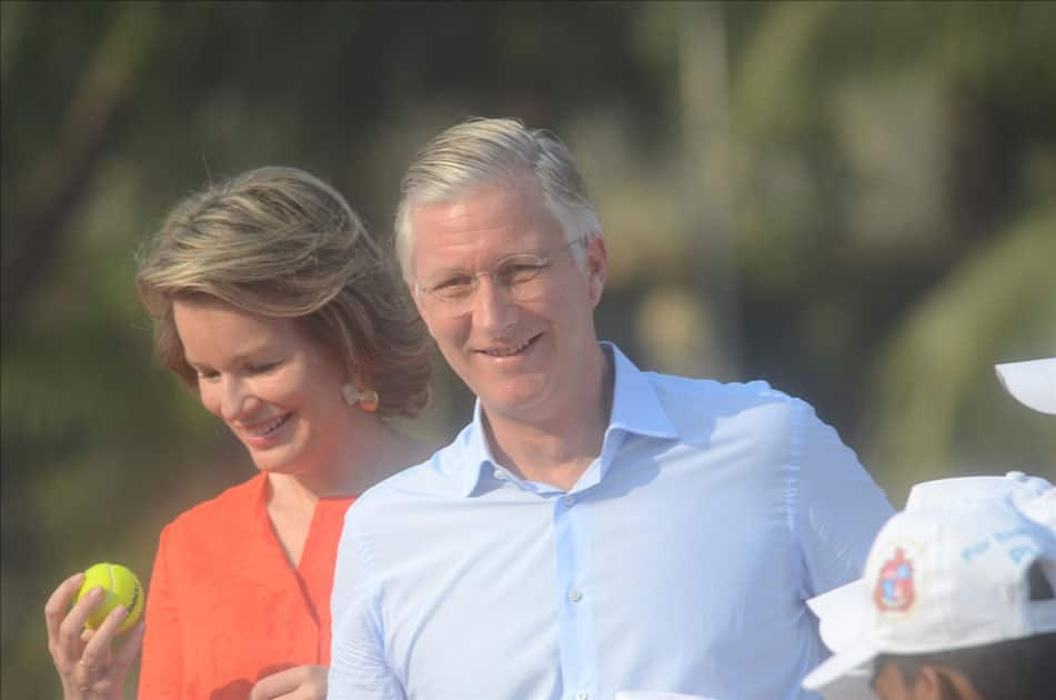 Belgium's King Philippe and Queen Mathilde play cricket with under privileged children during an event hosted by UNICEF in Mumbai.