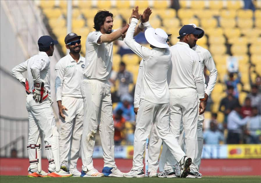 Ishant Sharma of India celebrates fall of Dimuth Karunaratne's wicket on Day 1 of the second test match between India and Sri Lanka at Vidarbha Cricket Association Stadium in Nagpur.