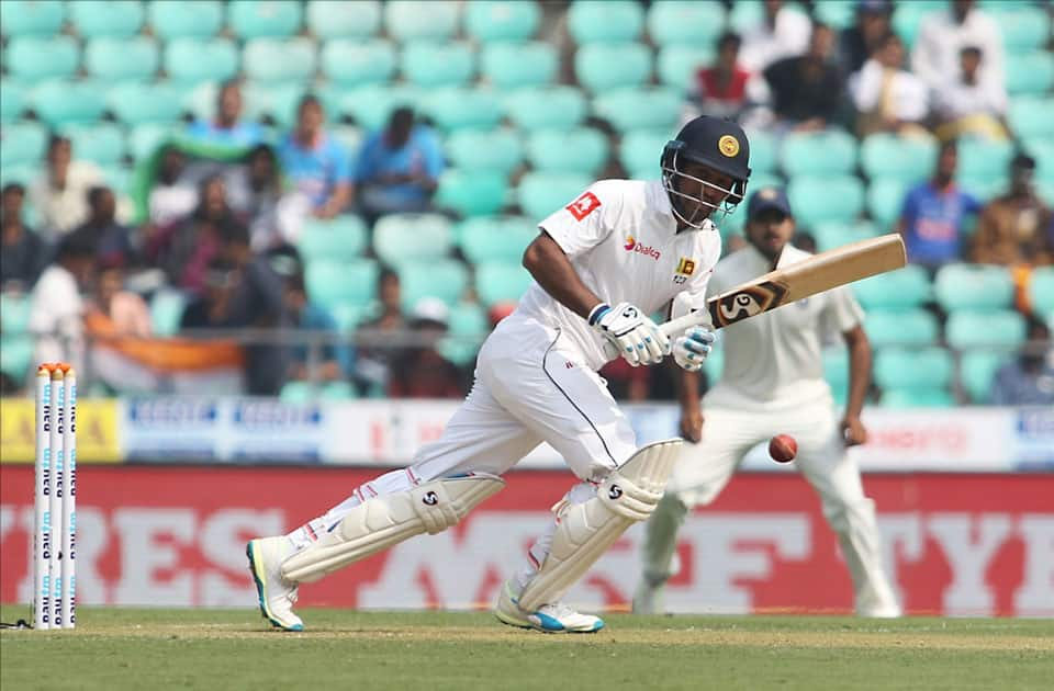 Dimuth Karunaratne of Sri Lanka in action on Day 1 of the second test match between India and Sri Lanka at Vidarbha Cricket Association Stadium in Nagpur.