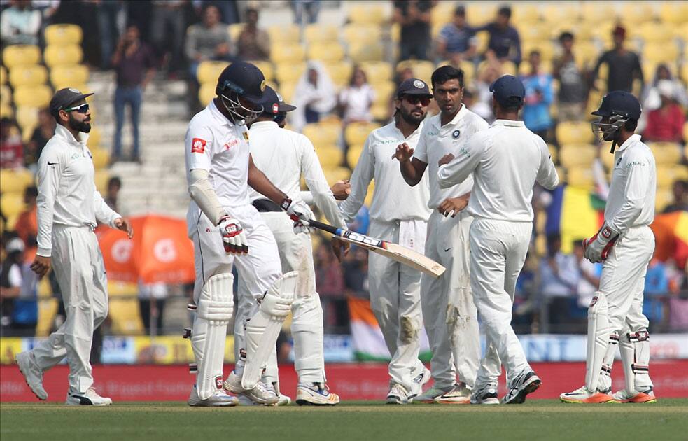 Ravichandran Ashwin of India celebrates fall of Lahiru Thirimanne's wicket on Day 1 of the second test match between India and Sri Lanka at Vidarbha Cricket Association Stadium in Nagpur.