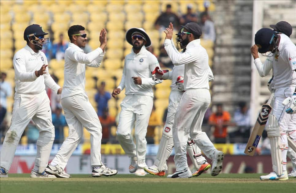 Ravindra Jadeja of India celebrates fall of Angelo Mathews's wicket on Day 1 of the second test match between India and Sri Lanka at Vidarbha Cricket Association Stadium in Nagpur.