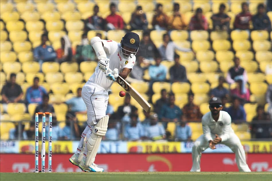 Sri Lankan batsman Dimuth Karunaratne in action on Day 1 of the second test match between India and Sri Lanka at Vidarbha Cricket Association Stadium in Nagpur.