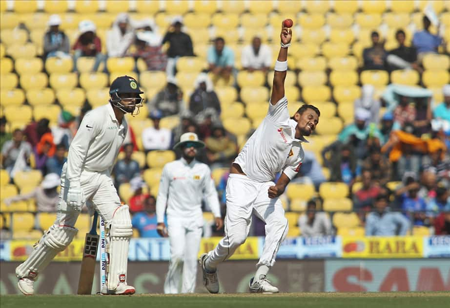 Suranga Lakmal of Sri Lanka in action on Day 2 of the second test match between India and Sri Lanka at Vidarbha Cricket Association Stadium in Nagpur.