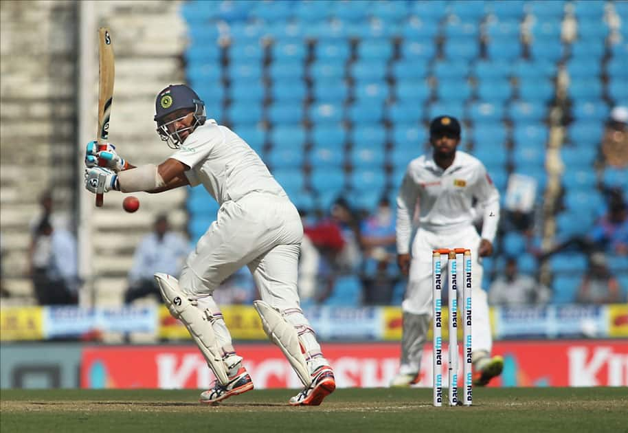 India's Cheteshwar Pujara in action on Day 2 of the second test match between India and Sri Lanka at Vidarbha Cricket Association Stadium in Nagpur.