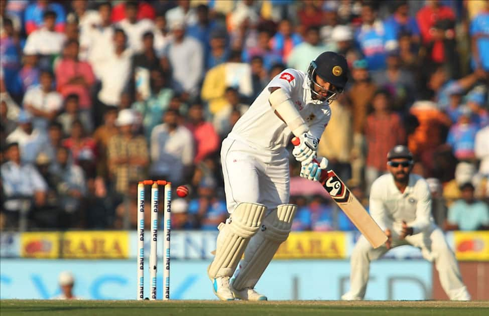 Dimuth Karunaratne of Sri Lanka in action on Day 3 of the second test match between India and Sri Lanka at Vidarbha Cricket Association Stadium in Nagpur.