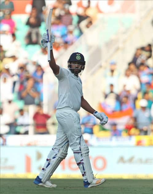 India's Rohit Sharma celebrates his century on Day 3 of the second test match between India and Sri Lanka at Vidarbha Cricket Association Stadium in Nagpur.