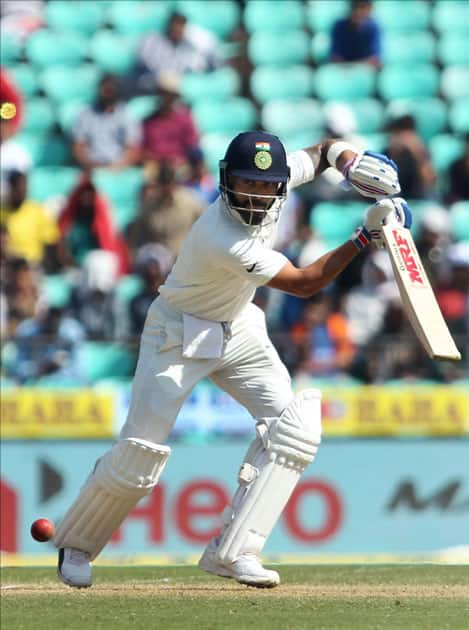 Indian skipper Virat Kohli in action on Day 3 of the second test match between India and Sri Lanka at Vidarbha Cricket Association Stadium in Nagpur.